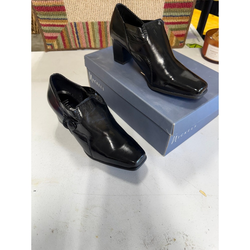 Nickels Stamp Black Leather Square Toe Block Heel Pumps Womens 8.5 M Shoes